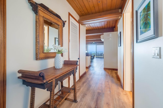 corridor featuring wood ceiling, light hardwood / wood-style flooring, and beam ceiling