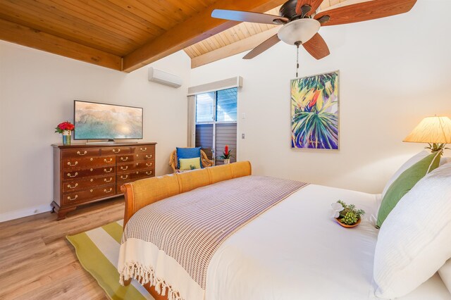 bedroom with an AC wall unit, wood ceiling, beamed ceiling, ceiling fan, and light hardwood / wood-style flooring