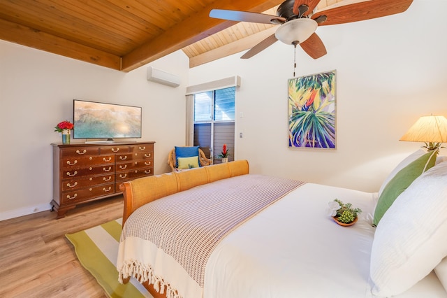 bedroom with an AC wall unit, wood ceiling, beamed ceiling, ceiling fan, and light hardwood / wood-style flooring
