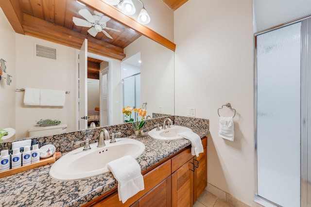 bathroom with an enclosed shower, wood ceiling, tile patterned flooring, vanity, and toilet