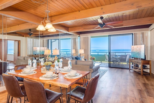 dining space featuring hardwood / wood-style flooring, wooden ceiling, plenty of natural light, and ceiling fan with notable chandelier