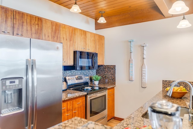 kitchen with stainless steel appliances, stone countertops, wooden ceiling, and decorative backsplash