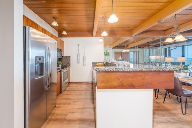 kitchen with kitchen peninsula, hanging light fixtures, wooden ceiling, beamed ceiling, and stainless steel appliances