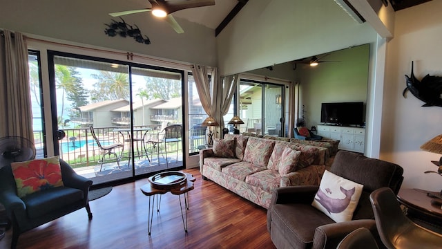 living room with high vaulted ceiling, dark wood-type flooring, and ceiling fan