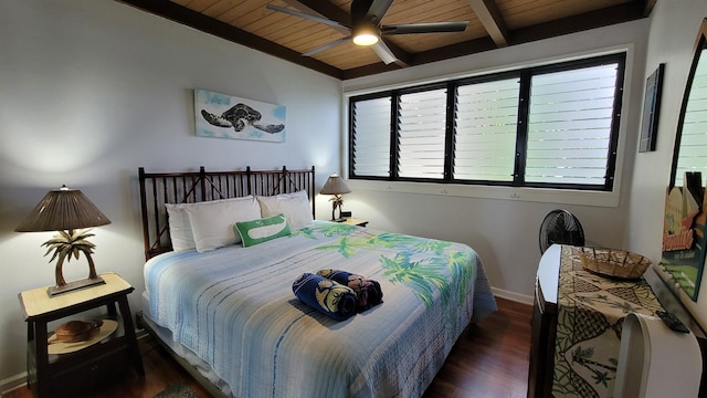 bedroom with dark wood-type flooring, beam ceiling, ceiling fan, and wood ceiling