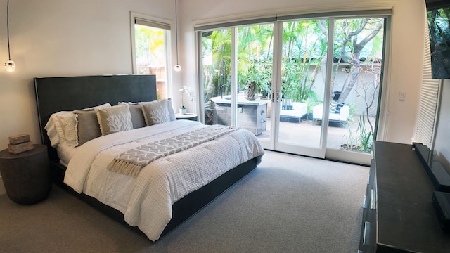 carpeted bedroom featuring access to outside and multiple windows