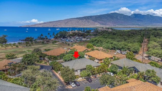 aerial view featuring a water and mountain view