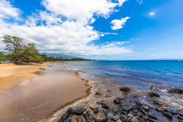 view of water feature with a beach view