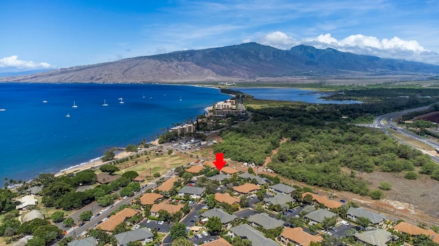 drone / aerial view with a water and mountain view