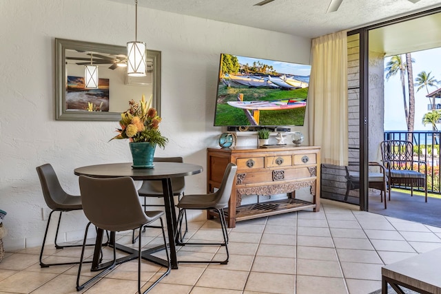 dining room featuring a healthy amount of sunlight, a textured ceiling, and ceiling fan