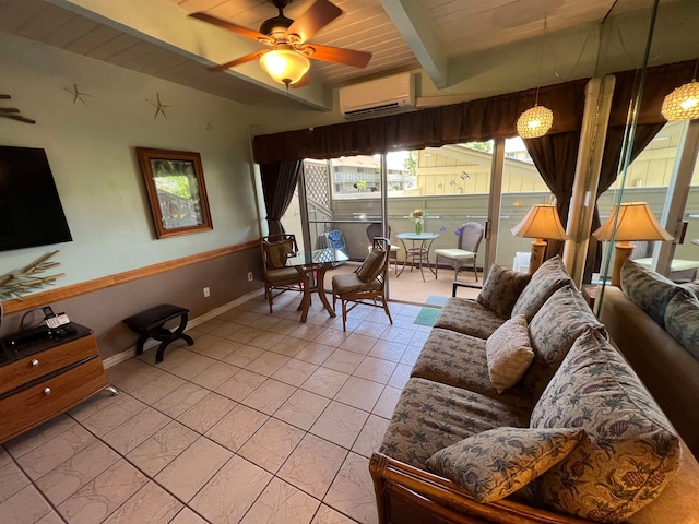 living room featuring an AC wall unit, beamed ceiling, wooden ceiling, light tile patterned flooring, and ceiling fan