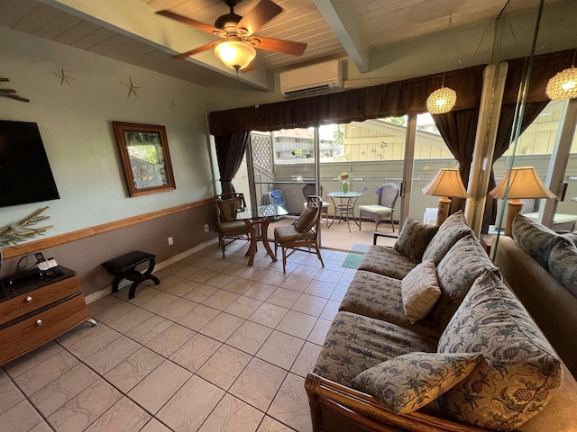 715 S Kihei Rd Unit D144, Kihei, HI 96753 - living room with an AC wall unit, ceiling fan, beamed ceiling, and baseboards