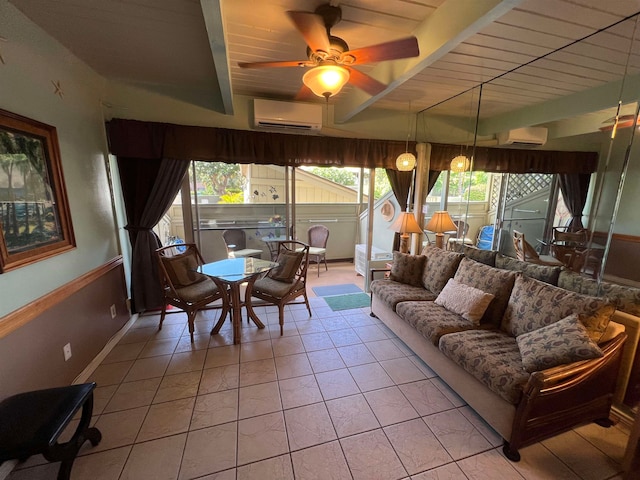 sunroom featuring a wall unit AC, beamed ceiling, wooden ceiling, and ceiling fan