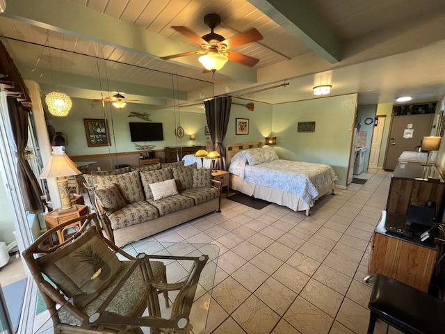 715 S Kihei Rd Unit D144, Kihei, HI 96753 - bedroom featuring beamed ceiling, light tile patterned floors, and wooden ceiling
