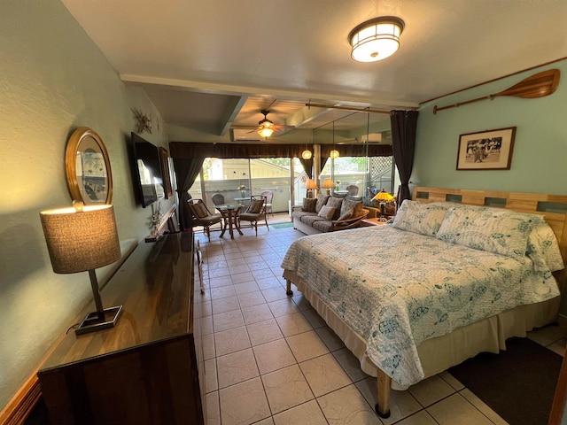 tiled bedroom featuring lofted ceiling with beams