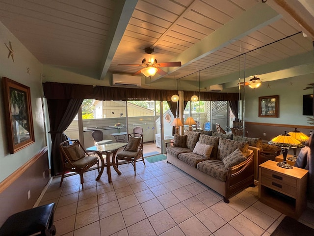 living room with wood ceiling, beam ceiling, ceiling fan, a wall mounted air conditioner, and light tile patterned flooring