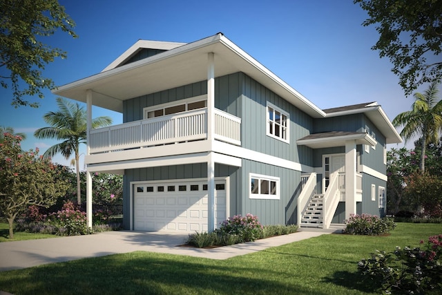 beach home with an attached garage, a balcony, a front lawn, stairs, and concrete driveway