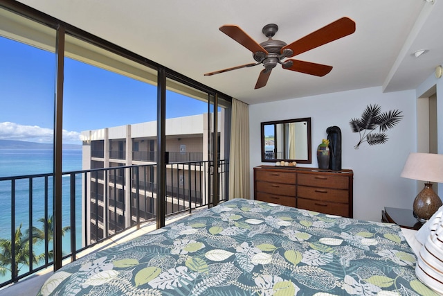 4327 Lower Honoapiilani Rd Unit 1203, Lahaina, HI 96761 - bedroom featuring a water view, a ceiling fan, access to exterior, and floor to ceiling windows