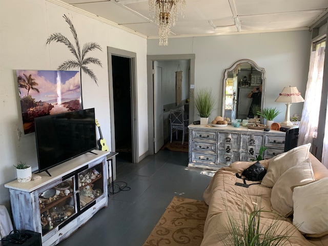 living room featuring a notable chandelier