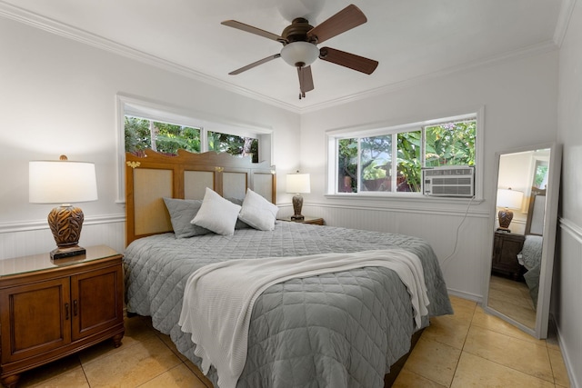 tiled bedroom with ornamental molding, ceiling fan, and cooling unit