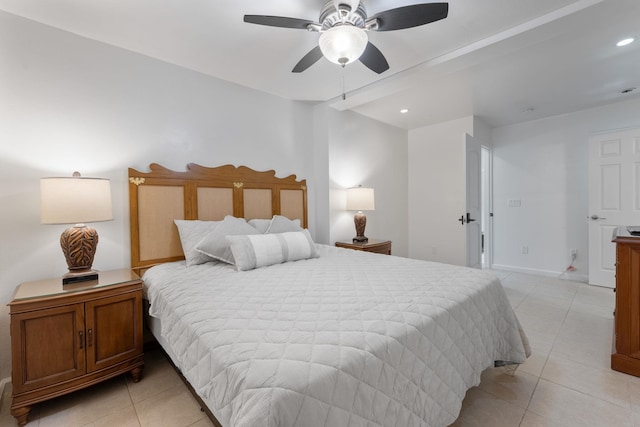 bedroom with ceiling fan and light tile patterned flooring