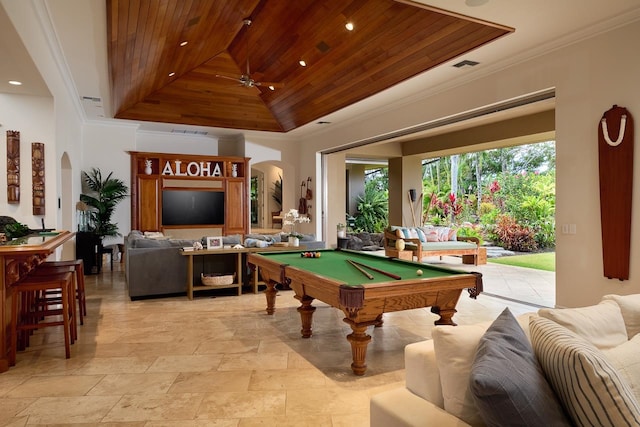 game room with ceiling fan, ornamental molding, pool table, and wood ceiling