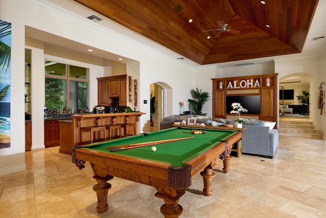 recreation room with ornamental molding, billiards, ceiling fan, light tile patterned floors, and wood ceiling