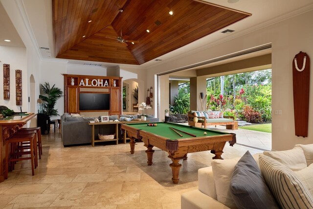 rec room with arched walkways, pool table, crown molding, wooden ceiling, and a raised ceiling