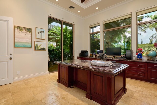 office featuring baseboards, visible vents, recessed lighting, ceiling fan, and ornamental molding