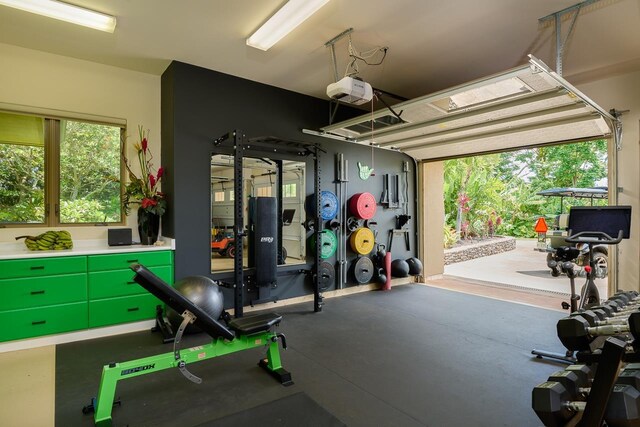 workout room with a garage