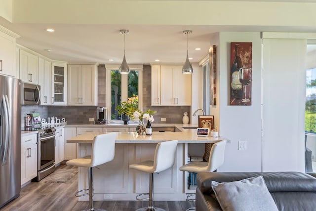 kitchen featuring wood-type flooring, tasteful backsplash, stainless steel appliances, and decorative light fixtures