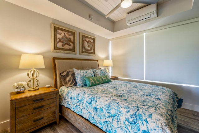 bedroom featuring dark hardwood / wood-style floors, a wall mounted AC, and ceiling fan