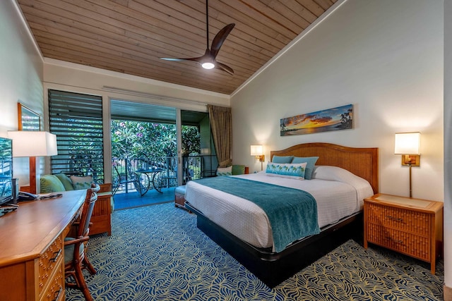 5315 Lower Honoapiilani Rd Unit D224, Lahaina, HI 96761 - bedroom featuring wooden ceiling, access to exterior, lofted ceiling, ornamental molding, and ceiling fan