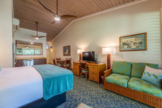 5315 Lower Honoapiilani Rd Unit D224, Lahaina, HI 96761 - bedroom with freestanding refrigerator, vaulted ceiling, dark carpet, and wooden ceiling