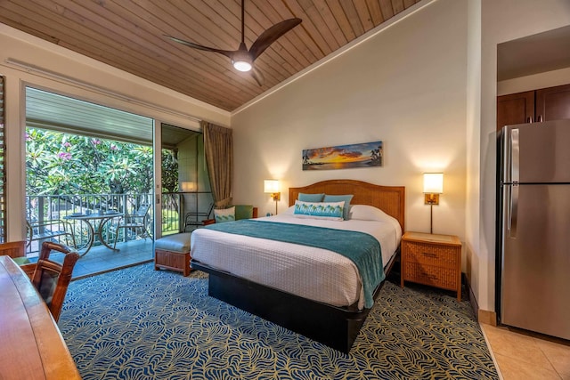 5315 Lower Honoapiilani Rd Unit D224, Lahaina, HI 96761 - bedroom with freestanding refrigerator, wooden ceiling, access to outside, lofted ceiling, and light tile patterned floors
