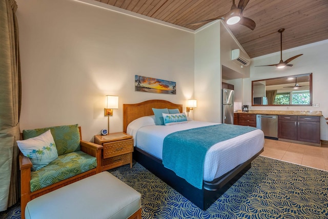 5315 Lower Honoapiilani Rd Unit D224, Lahaina, HI 96761 - bedroom featuring freestanding refrigerator, wooden ceiling, a wall mounted air conditioner, lofted ceiling, and light tile patterned flooring
