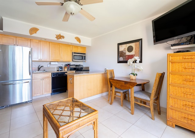 kitchen featuring tasteful backsplash, appliances with stainless steel finishes, ceiling fan, light tile patterned floors, and light brown cabinets