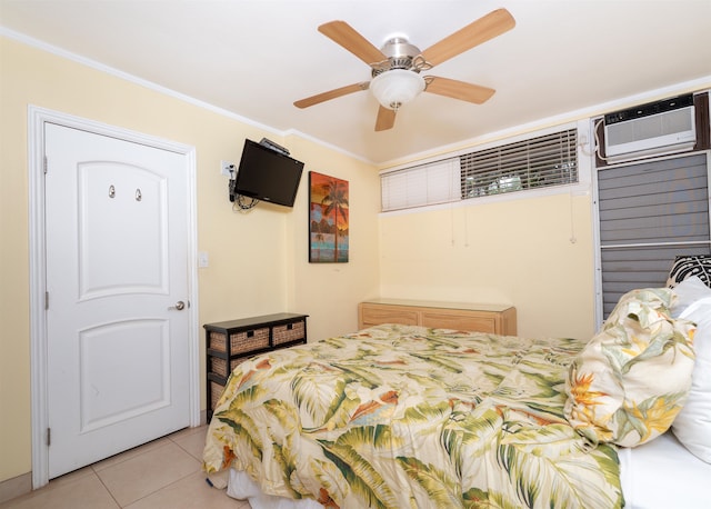 bedroom with crown molding, a wall mounted AC, light tile patterned flooring, and ceiling fan