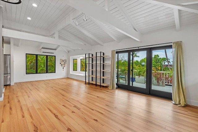 unfurnished living room with a wall mounted AC, light wood-type flooring, wood ceiling, recessed lighting, and baseboards