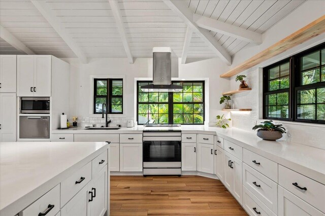 kitchen featuring white electric range, island range hood, a sink, oven, and decorative backsplash
