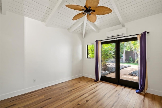 empty room featuring a wall mounted AC, baseboards, light wood finished floors, wooden ceiling, and ceiling fan