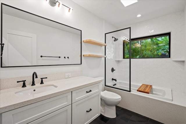 full bath with toilet, vanity, bathing tub / shower combination, recessed lighting, and tile patterned flooring