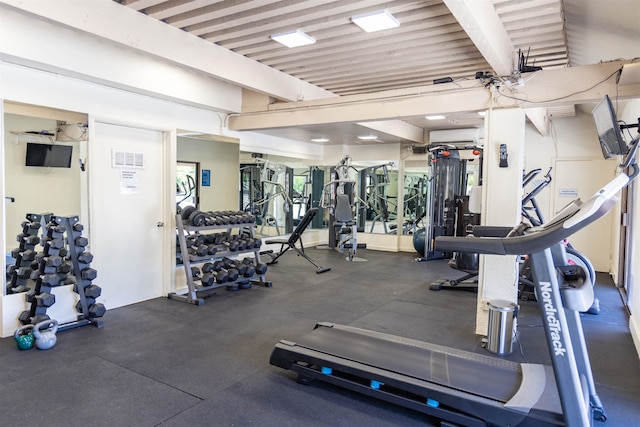 exercise room featuring a wall mounted AC