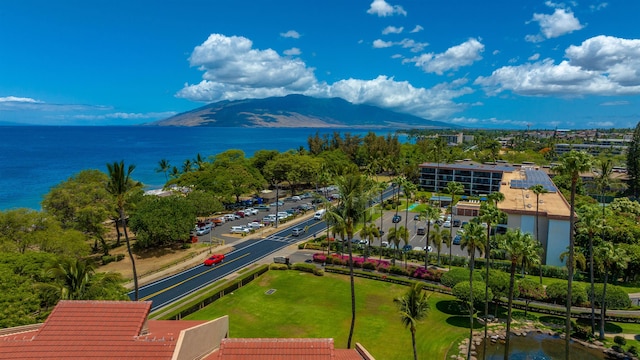 aerial view with a water and mountain view