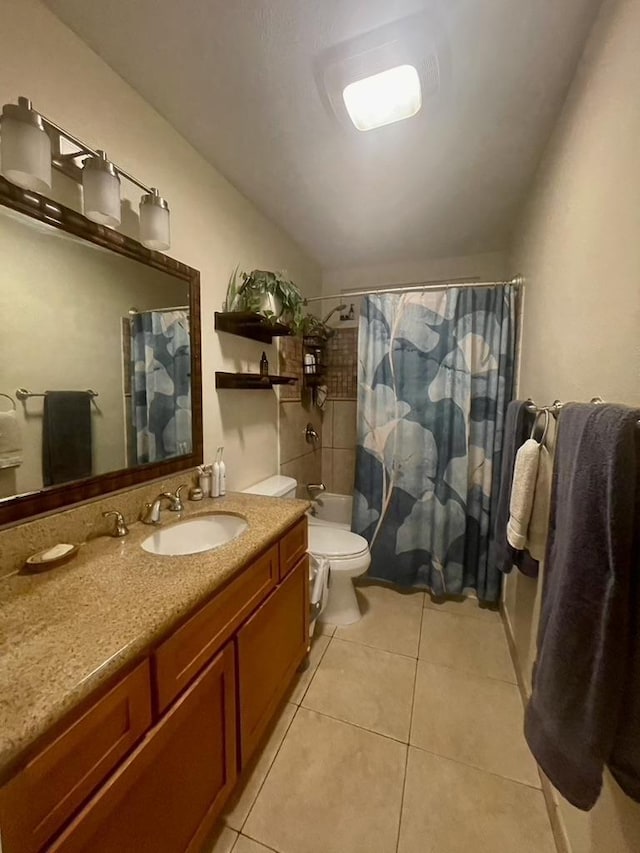 full bathroom with shower / tub combo, tile patterned flooring, vanity, and toilet