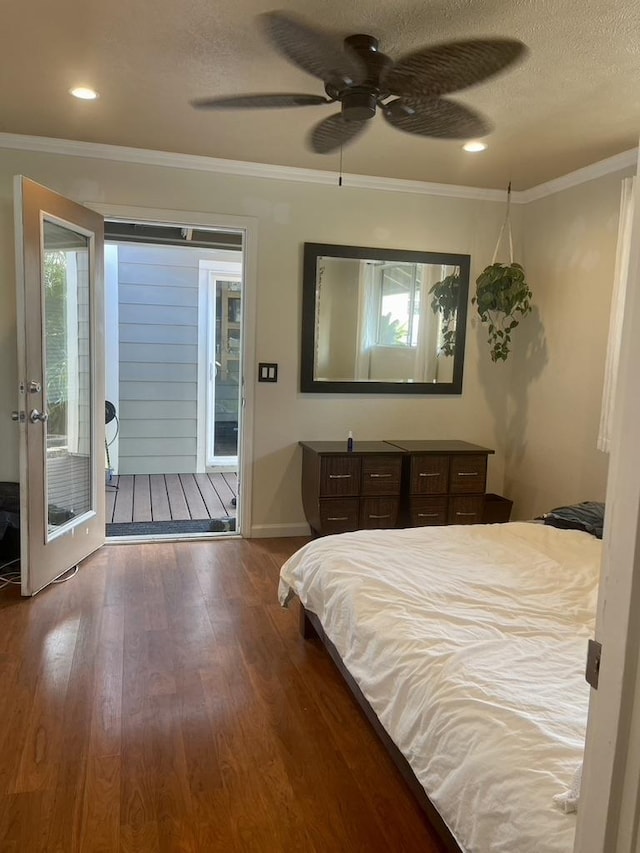 bedroom with dark wood-style floors, ceiling fan, ornamental molding, access to outside, and a textured ceiling