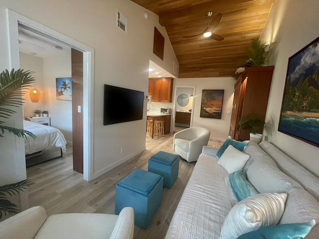 living room featuring light wood finished floors, visible vents, a ceiling fan, high vaulted ceiling, and wooden ceiling