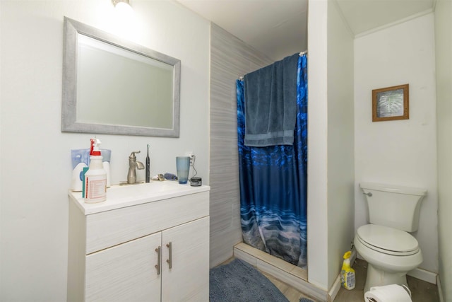 bathroom featuring walk in shower, vanity, and toilet