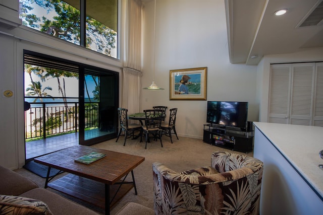 2230 S Kihei Rd Unit 9, Kihei, HI 96753 - living room featuring carpet flooring, a towering ceiling, and recessed lighting