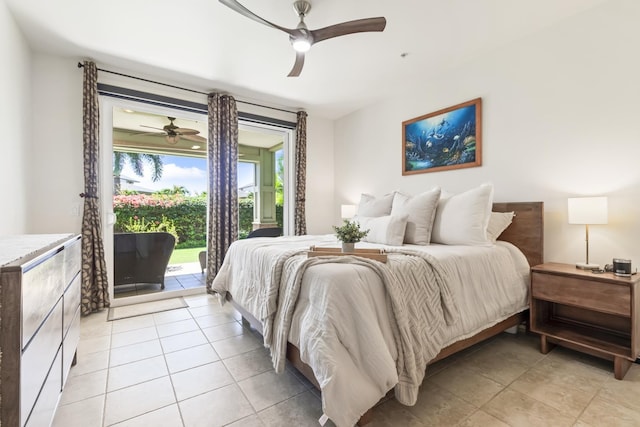 bedroom with light tile patterned flooring, a ceiling fan, and access to exterior
